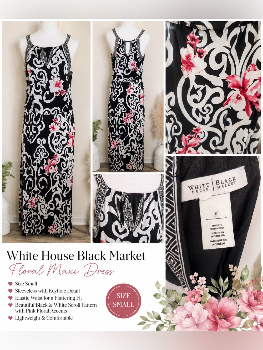 White House Black Market Black, White & Pink Floral Maxi Dress. Small.